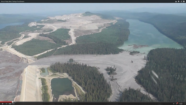 Screen capture from a video showing a tailings pond breach in Northern B.C.