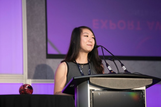 Business student Snow Zhao accepting the Business Studies Award at the Ontario Export Awards in Toronto. PHOTO: CanadianManufacturing.com