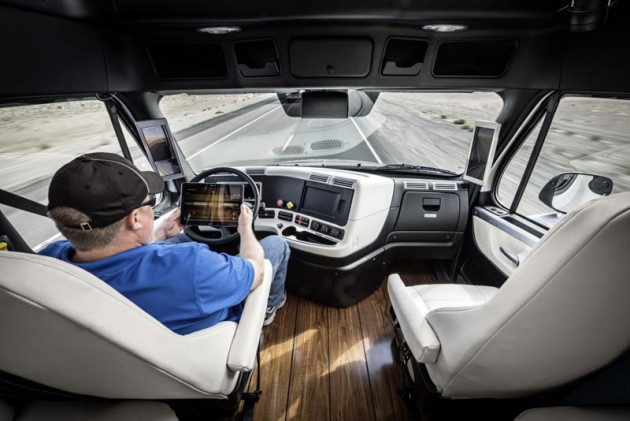 In the cabin of the Freightliner Inspiration Truck, the Highway Pilot system assists the driver. PHOTO: Daimler Trucks and Buses