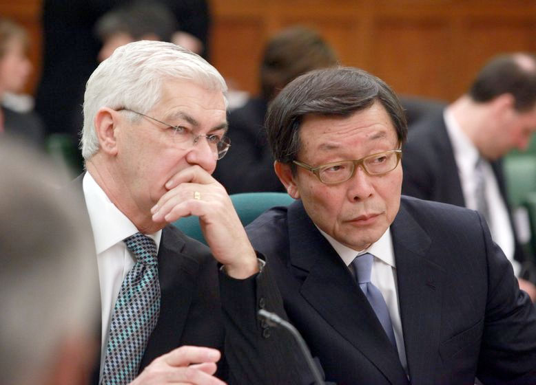 Ray Tanguay (Left),  former president of Toyota Motor Manufacturing Canada and Yoshi Inaba, President and COO, Toyota Motor North America. PHOTO: Toyota Canada Inc.