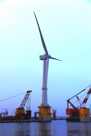 The Fukushima Experimental Offshore Wind Farm's 7 megawatt wind turbine has 80-metre blades, with a rotor diameter of 164 metres. PHOTO: Fukushima Offshore Wind Consortium