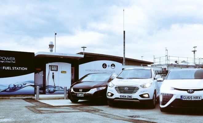 The company's new facility in the UK with Hyundai, Toyota and Honda's fuel cell vehicles. Many of the major automakers are beginning to produce hydrogen-powered cars.  PHOTO: ITM Power
