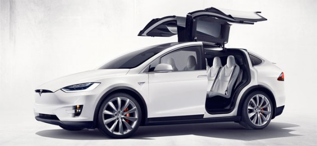 The Model X has Falcon Wing rear doors with built in sensors for opening in garages of any height. PHOTO: Tesla Motors
