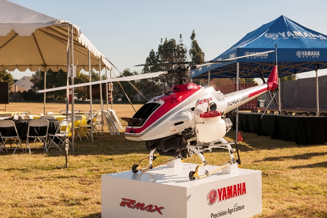 The Yamaha RMAX. Introduced in 1997, the remotely-piloted helicopter treats 2.4 million acres of farmland in Japan each year. PHOTO: Yamaha 