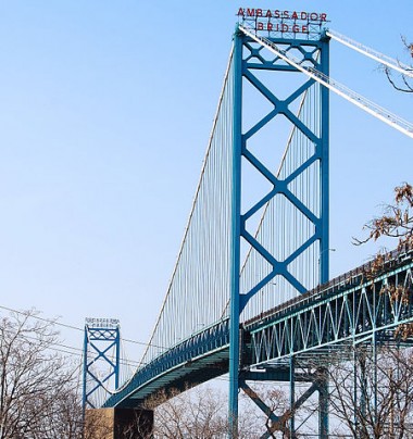 The Ambassador Bridge, which connects Detroit, Mich. to Windsor, Ont. The route is one of the most important shipping arteries in the world. PHOTO: Patricia Drury, via Wikimedia Commons