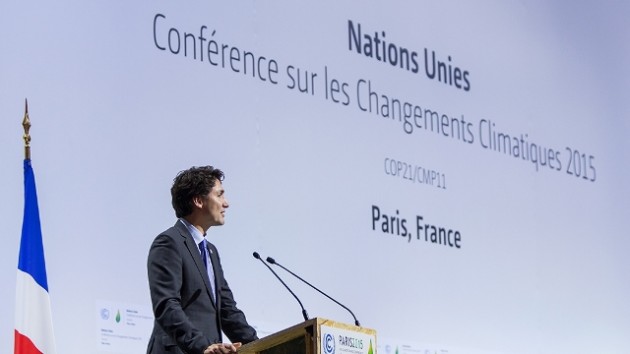 Trudeau speaking at the COP21 Conference in Paris, where he delivered a similar message about redefining Canada's economy. PHOTO: Government of Canada