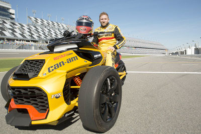 NASCAR Sprint Cup Series Driver Jeffrey Earnhardt Sits on the Recently-Unveiled Can-Am Spyder F3 Turbo Concept Vehicle. PHOTO: BRP via CNW Group