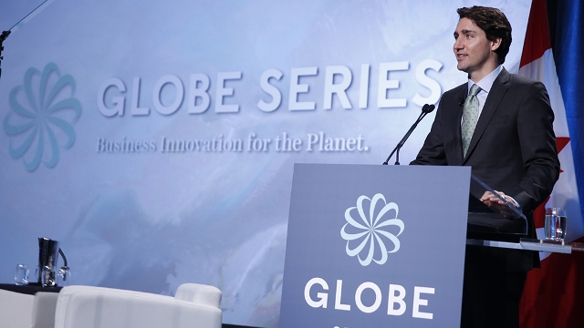 Prime Minister Justin Trudeau delivers the keynote address at the Globe 2016 cleantech conference. PHOTO: Prime Minister's Office