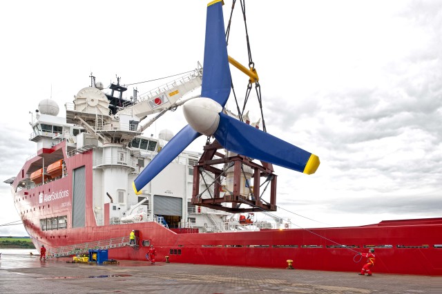 An Atlantis Resource Corp. 1.5-megawatt tidal turbine being deployed off Scotland. The technology is also slated for deployment in the Bay of Fundy. PHOTO: FORCE