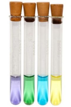 Vials of vanadium electrolyte in its four separate states. Vanadium redox batteries charge or discharge through a reversible chemical reaction as their electrolyte is circulated between tanks