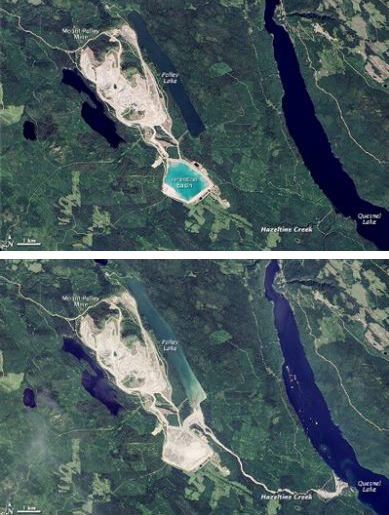 Satellite images of the Mount Polley site before and after the failure of the tailings pond